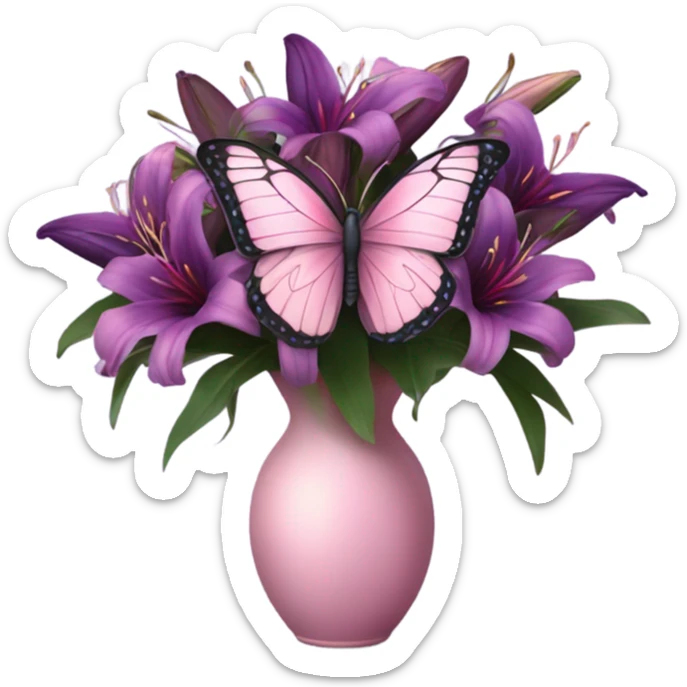 Aesthetic butterfly with purple and pink wings sitting on a dark purple bouquet of Lilies in a pastel pink vase sticker