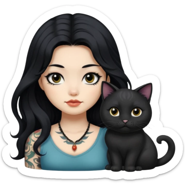 a Chinese girl with long black  Big Wave hair and tattoos and a black round faced cat black eyes .  sticker