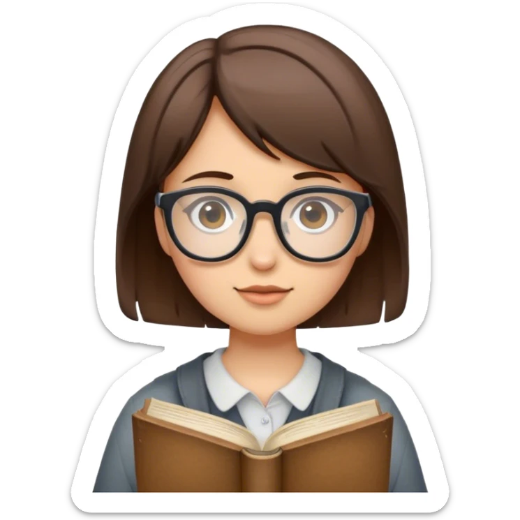 girl with short brown hair, wearing glasses and holding a book sticker