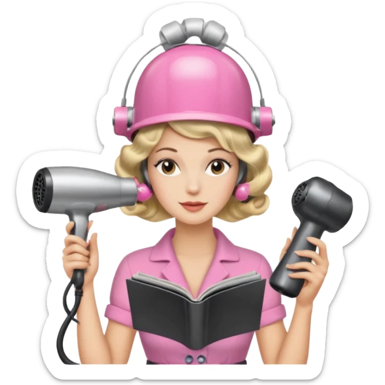 Emoji de mujer con casco secador, pelo recogido, rulos y leyendo revista, estilo vintage chic sticker