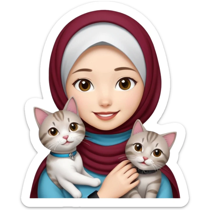 Asian White girl wearing cute maroon hijab and white dress holding a black grey tabby cat while smiling. The cat is wearing a blue collar sticker