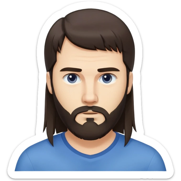 Caucasian man with long straight dark brown hair styled loose with fringe, medium-length hair, short full beard, neutral serious expression, simple blue shirt sticker
