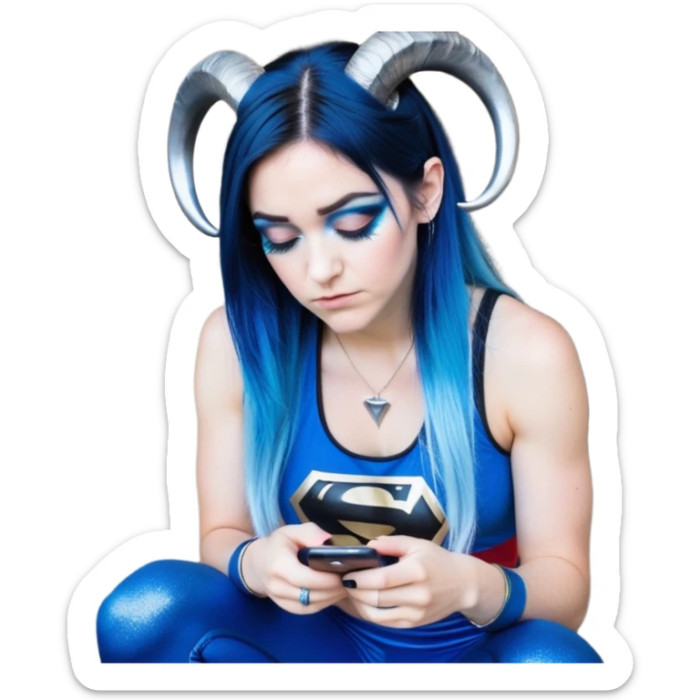Disapponted-big tears-head back texting on phone-very very large upper body-sexy face-bending forward at waist-very long very straight dark blue to light blue ombre hair-and-blue eyes-thick black eyeliner-cute goat horns-iridescent blue lowcut tanktop with black leggings with glitter superman logo sticker