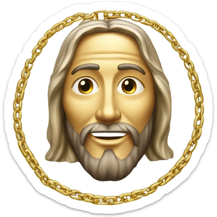 A gold chain attached to a gold and platinum medallion with the face of Jesus smiling. sticker