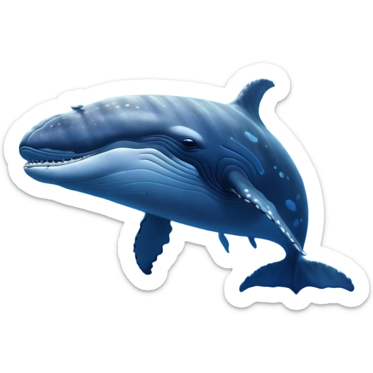 Cinematic Noble Humpback Whale Portrait Emoji, Poised and grand, with an enormous, barnacle-speckled blue-gray body, soulful, wise eyes, and a deeply serene presence, Simplified yet sharp and sophisticated features, highly detailed, glowing with a soft oceanic radiance, high shine, intelligent and powerful, stylized with an air of deep-sea mystery, focused and regal, soft glowing outline, capturing the essence of a legendary giant of the ocean that appears ready to glide majestically through the waves with effortless grace! sticker