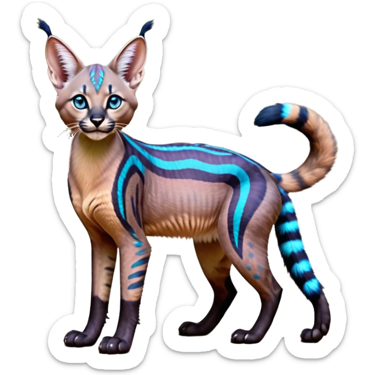 A Colorful iridescent exotic tropical tribal cute happy realistic esoteric patterned fluffy furry dark caracal-Lykoi-bobcat-sphynx-genet-civet-Fakémon-fursona-hybrid-fusion-animal-creature, full body, 4-legged sticker