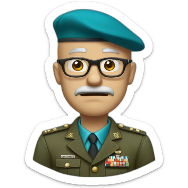 Realistic cyan beret bald very furious 50 years old man with glasses no hair furious very angry frown with khaki uniform sticker