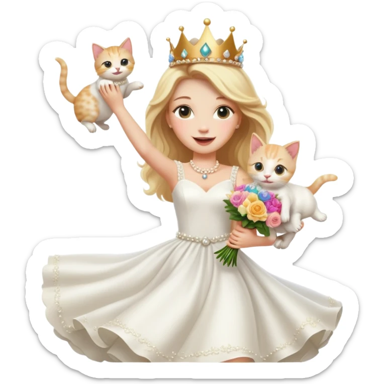 White woman - long hair - white wedding dress - holding a kitten - happy - jumping - stylish - elegant - bouquet - dreamy - colorful - wearing a crown - pearl accessories sticker
