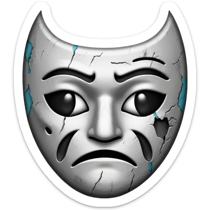 Minimalist emoji-style sticker of a sad theater mask with chipped surface, grayscale tones, one eye empty, slight burn marks

 sticker