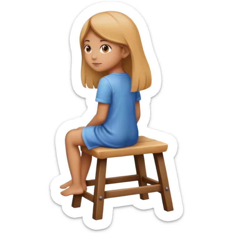 A vector emoji icon of a young girl sitting on a simple wooden stool. She is facing away from the viewer, with her back fully towards us sticker