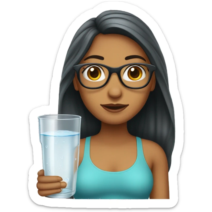Mujer cabello castaño largo, piel pálida con lentes. con un vaso de agua pura para tomar. sticker
