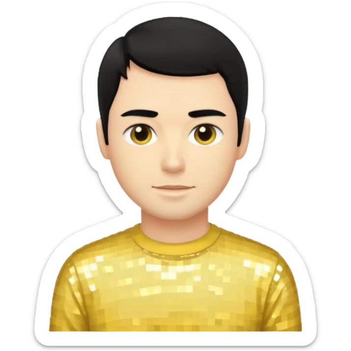 Greg Page from The Wiggles with black hair, yellow sequin skivvy shirt sticker