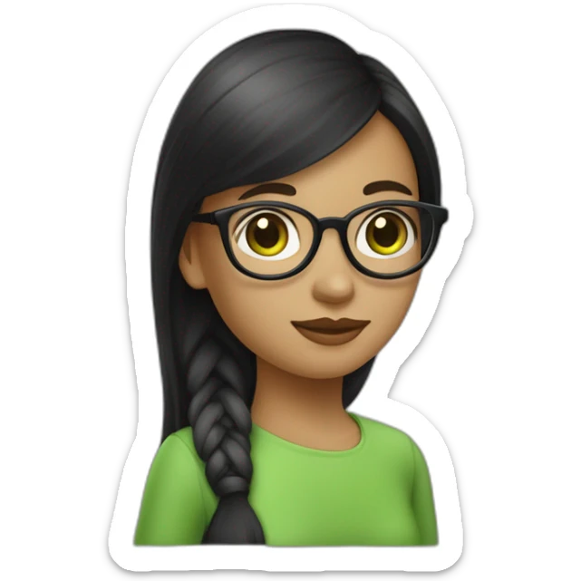 une fille avec de long cheveux noir lisse , des yeux vert , et avec des lunette (en forme de carrer un peu déformé) assez grosse comparer a ça tête sticker
