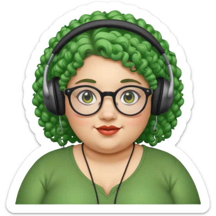  headphone wearing and glassess and green curly haired fat girl earrings sticker
