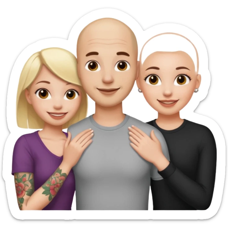 throuple tatted bald boyfriend with blonde girl friend and brunette girlfriend sticker