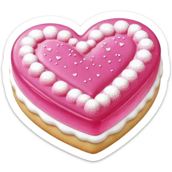 Realistic shortbread cookie in the shape of a heart with pink jelly middle filling and sprinkled powder sugar on top. sticker
