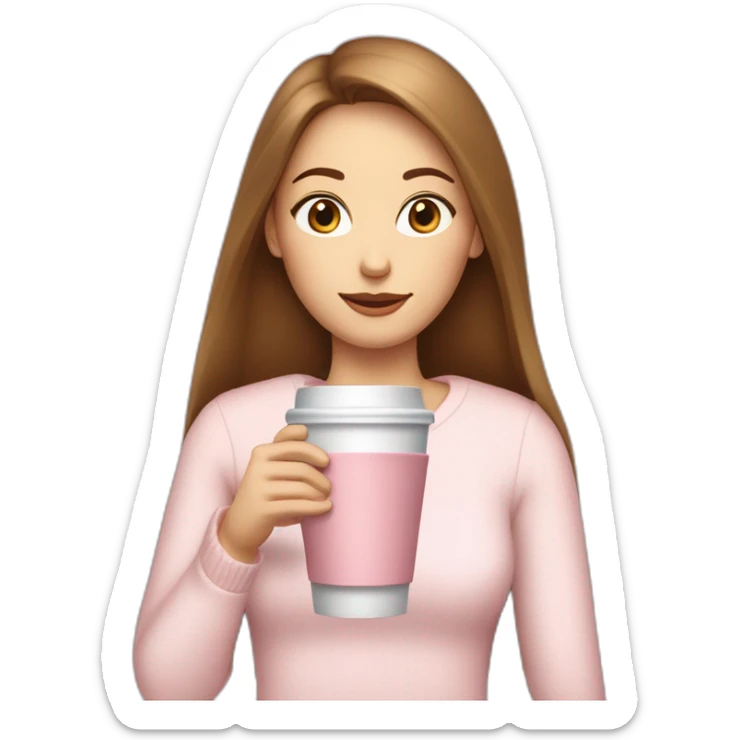 woman-with-pale-skin-and-brown-long-thin-straight-hair-wearing-a-white-woolly-shirt-drinking-coffee-from-a-light-pink-takeaway-cup-eyes-closed-b sticker