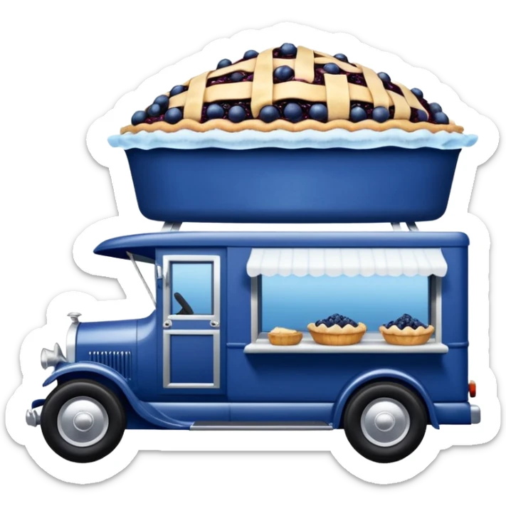 shiny crushed-dark-blue crystal-bodied frozen blueberry pie 1912 antique long-wheelbase cab over durable-looking low rider moving truck food truck  sticker