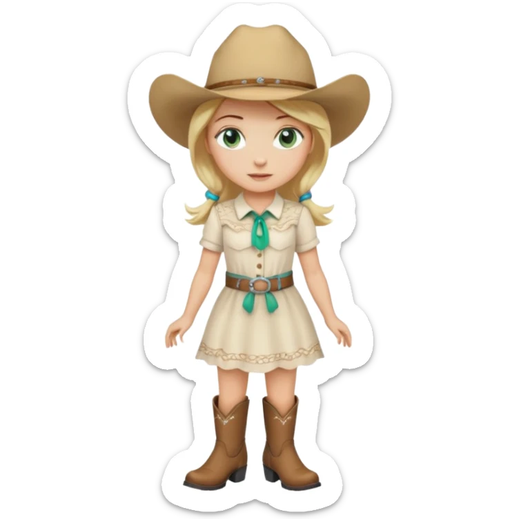 cowgirl bionda con occhi verdi/azzurri con un vestito bianco stivali e cappello beige sticker