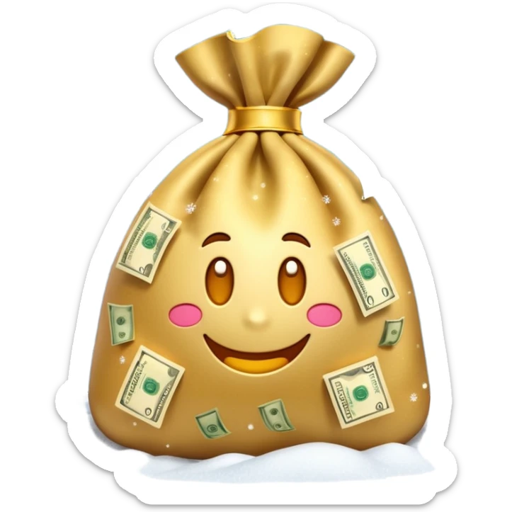 3D emoji style, money bag with dollar bills, New Year theme, snow particles, festive lighting, rich vibe, high detail, transparent background

 sticker