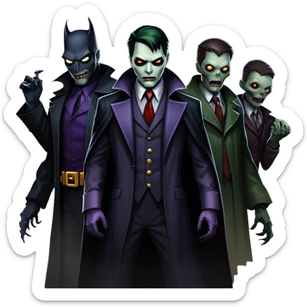 Icon for Thriller Movies: A large, dramatic collage featuring sinister villains and zombies in dark clothing. The background shows the gloomy cityscape of Gotham with dim lighting and eerie shadows. The atmosphere should be tense, mysterious, and suspenseful. Transparent background. sticker