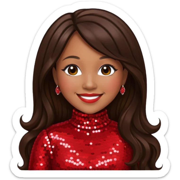 Erica Campbell from Mary Mary with long dark brown hair, red sequin outfit sticker