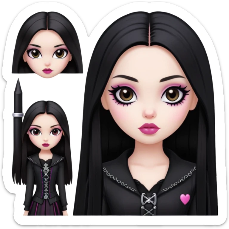 pretty bratz girl, black straight long hair, dark brown eyes, pink lips, black eyeliner, pale skin, black gothic clothes sticker