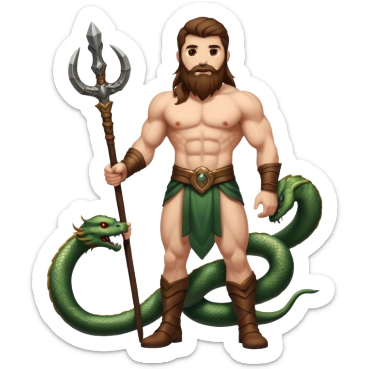 full body man long brown hair brown eyes medium beard white skin muscular build apple guardian with serpent staff sticker