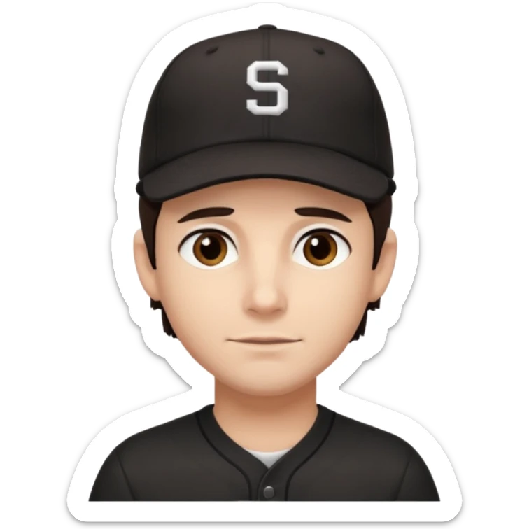 male, dark brown hair, dark brown eyes, fair skin, black baseball hat, no smile sticker
