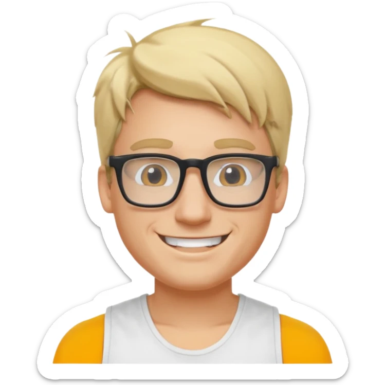 portrait of man, wearing a tank top, square glasses, grinning face, blond hair sticker