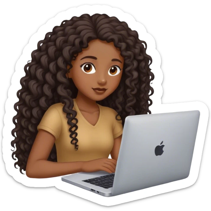Black girl pretty with long curly hair trying to work on laptop  sticker