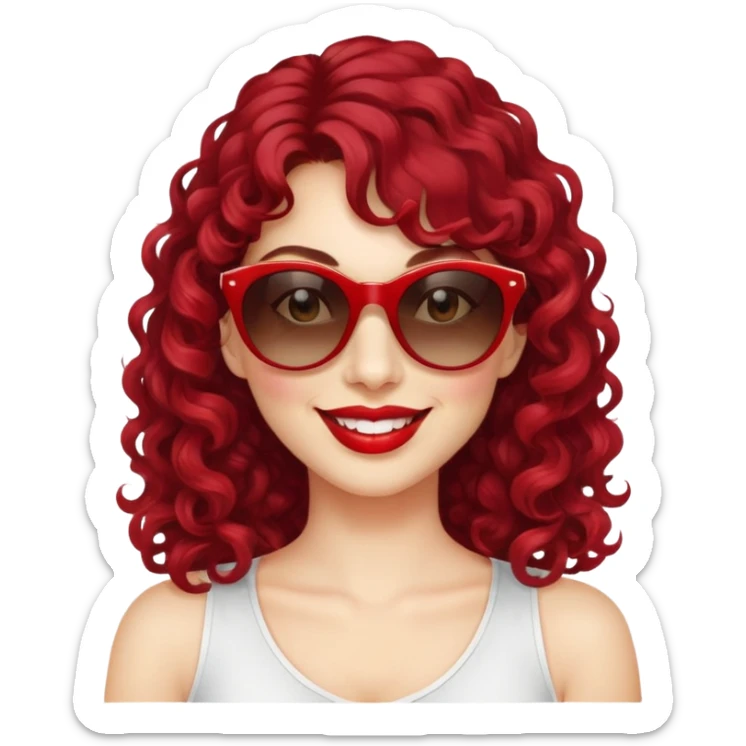 nữ 35 tuổi, da trắng,mặt to, môi đỏ thẫm, tóc dài xoăn, tóc mái 1/3, đeo kính đen, cười tươi sticker