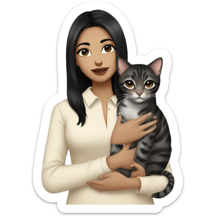 Girl with black eyes and black hair, shoulder length straight black hair, wears a beige blouse outfit, kissing a silver bengal cat  sticker