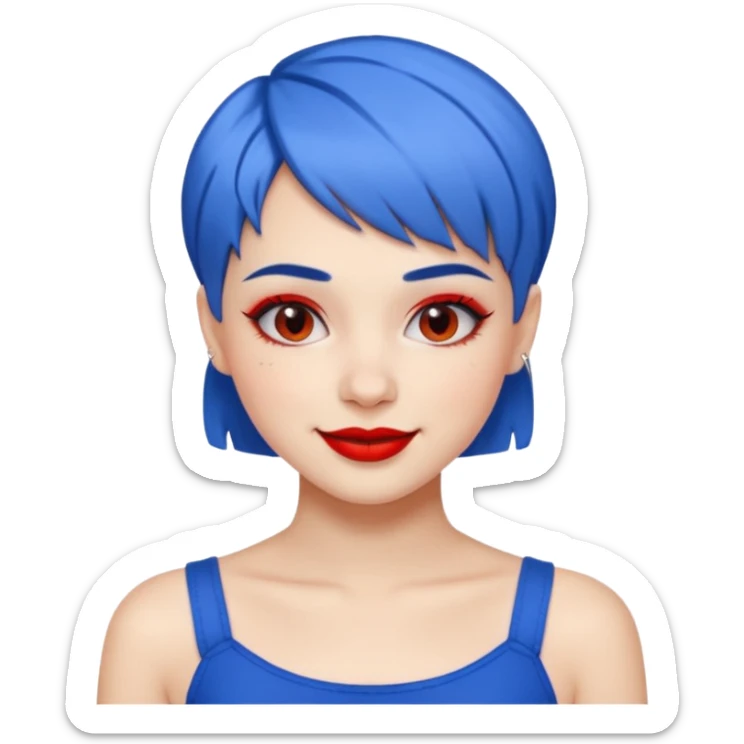 young fashionable woman, short blue hair, crop top, bold lipstick, playful smile sticker