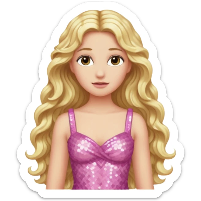 Aphrodite from Greek Mythology with long blonde wavy hair, pink sequin dress sticker
