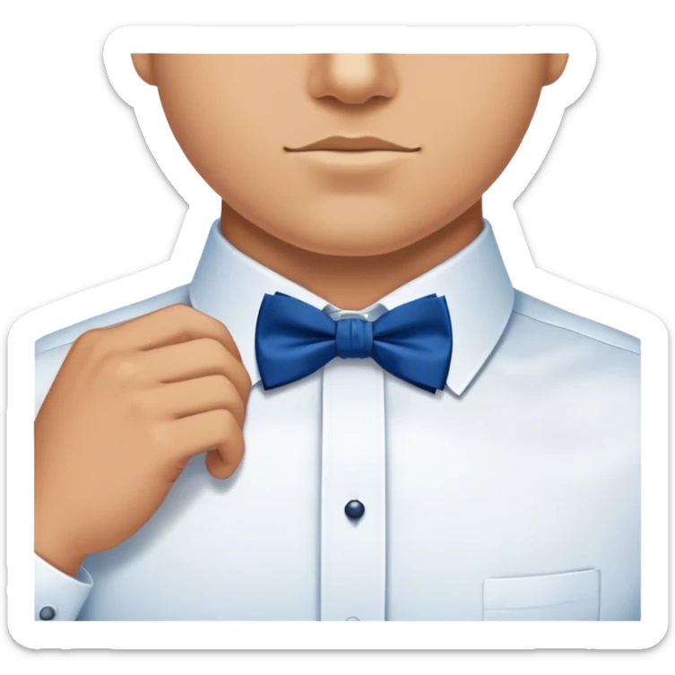 
a man's hand straightens a dark blue bow tie on the collar of a white shirt sticker