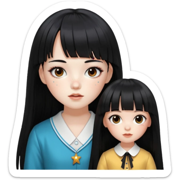 pale girl , who has silky straight extremely long black hair with bangs , chestnut monolid eyes , and doll like makeup , dressed like a kpop idol , has freckles sticker