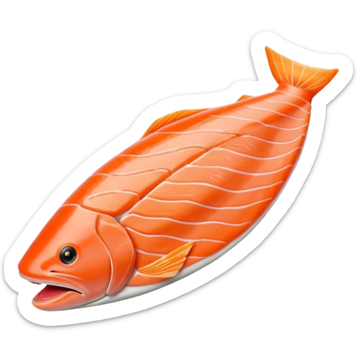 raw salmon fillet, boneless, orange-pink, muscle lines, tapered, curved, moist smooth texture, fine fat layer, no skin, no lemon, no background, no faces, clean 3D, soft shadows, transparent background, emoji scale sticker