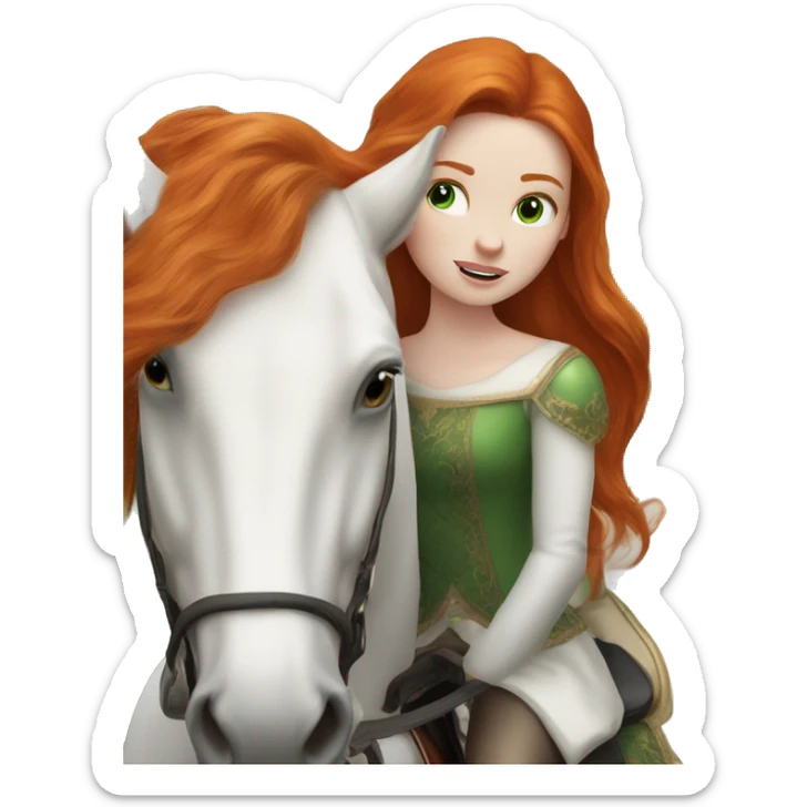 Redhead (ginger) girl, long blowout hair, green eyes and pale skin riding a white horse sticker