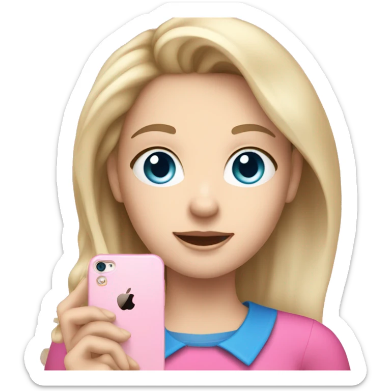 a blue eyed white dark blond hair girl wearing a pink shirt holding a pink iphone  sticker