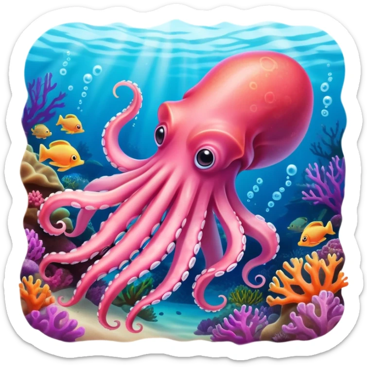 A pink squid gracefully glides through the coral reefs, leaving a trail of vibrant color sticker