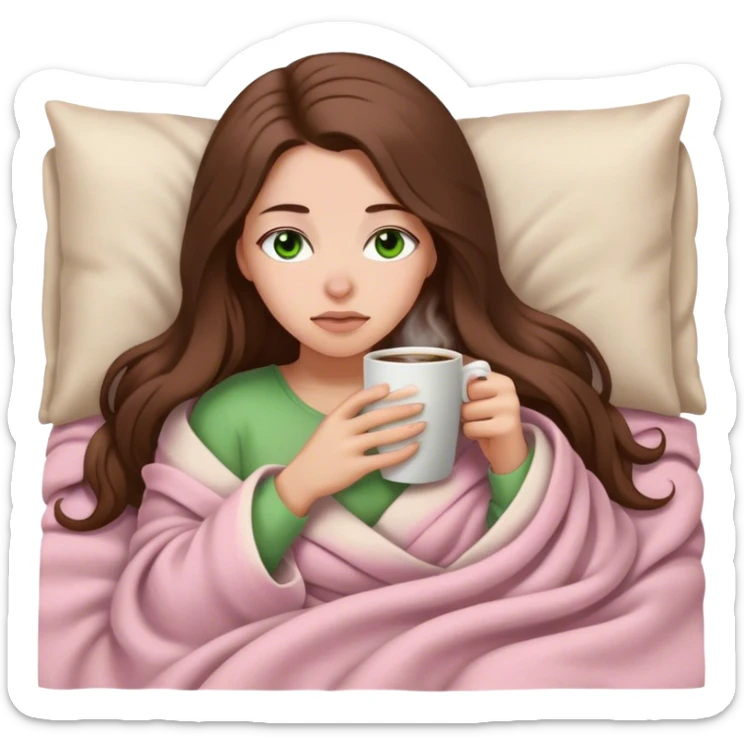 woman with very long brown hair and green eyes in a light pink blanket sleepy with coffee sticker