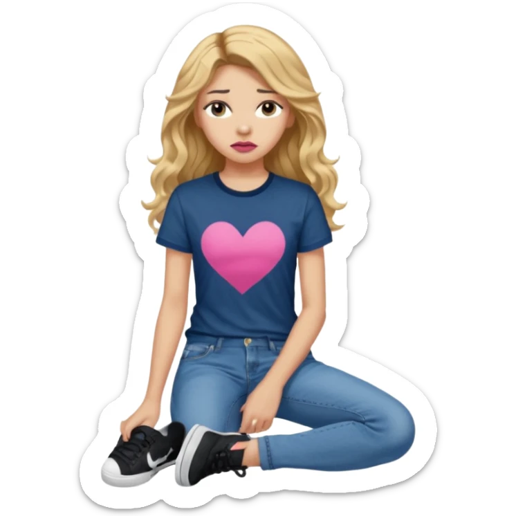 > 14-year-old girl, 161cm, slender, long wavy golden hair, tan skin, full pink lips, long lashes, thick eyebrows, dark blue t-shirt, faded jeans, black sneakers, quiet sadness in her expression, soft moody lighting, ultra-realistic portrait. sticker