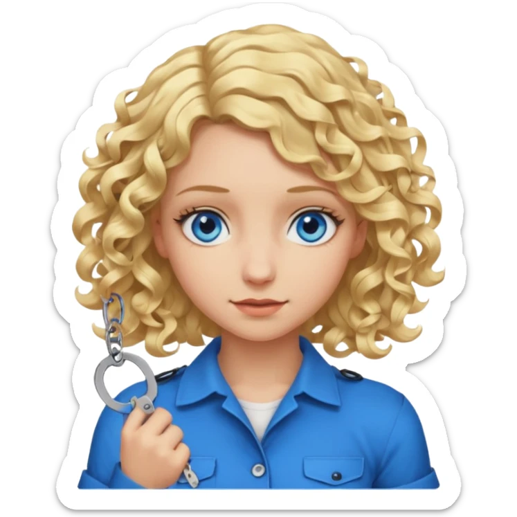A girl with blond hair that curls at the end shoulder length and blue eyes who is breaking handcuffs sticker