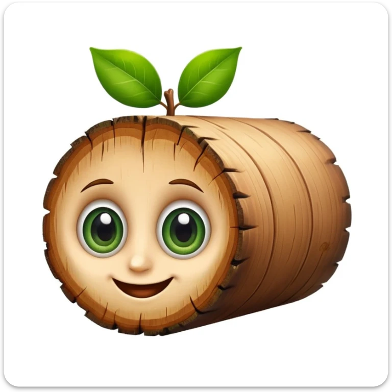 caricature of a smiling wooden log with big eyes, green leaves on the head, apple emoji style, white background, cute and colorful sticker