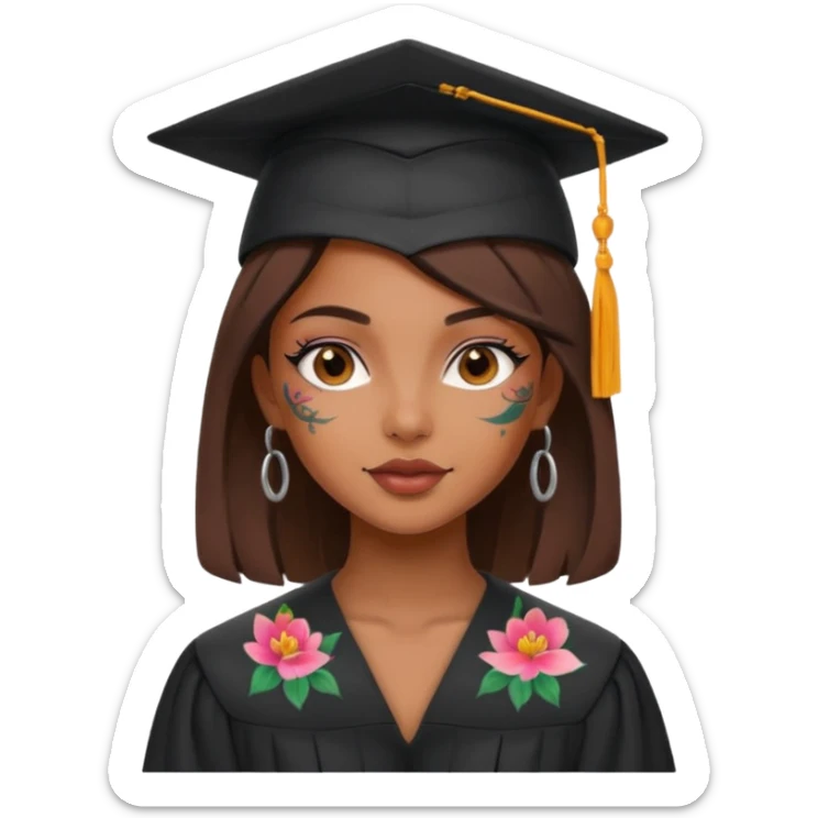 nude and sexy brown skin girl, floral colorful tattoes, in student cap, graduating sticker