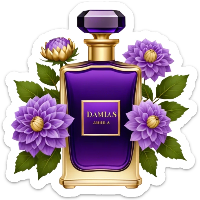 A dark amethyst vintage French-style perfume bottle with intricate golden detailing rests elegantly on an antique vanity. Surrounding it, delicate periwinkle dahlias and soft lavender sprigs add a touch of romantic charm. The glass reflects a warm glow from a nearby candle, enhancing its deep violet hues. The scent of aged vanilla and floral notes lingers in the air, evoking an aura of timeless elegance. sticker