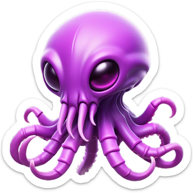 Clash of Clans aesthetic: Cinematic Playful Zerg Alien Emoji, rendered in a 3D vector-style similar to standard emojis with minimal shading and bold, simplified shapes. A compact, isometric, otherworldly creature with insectoid, organic details and subtle, eerie tentacles, softly glowing with a sinister alien charm. Simplified yet unmistakably iconic, highly detailed and consistent, glowing with a soft, spectral radiance and high shine. Stylized with a touch of bio-engineered mischief and a soft glowing outline, capturing the essence of a fearsome extraterrestrial menace with a playful twist! sticker