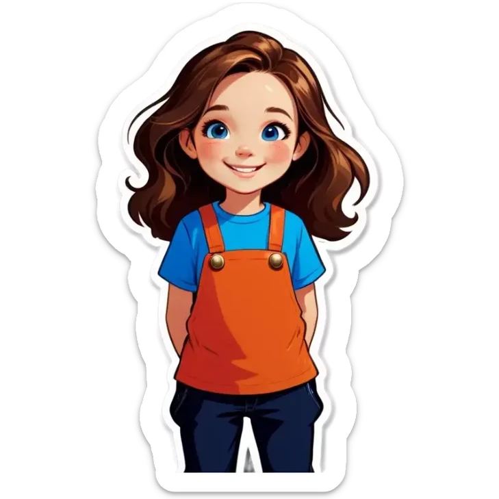 Little Girl, white skin, bronze hair, smile, tutor, bright blue t shirt sticker