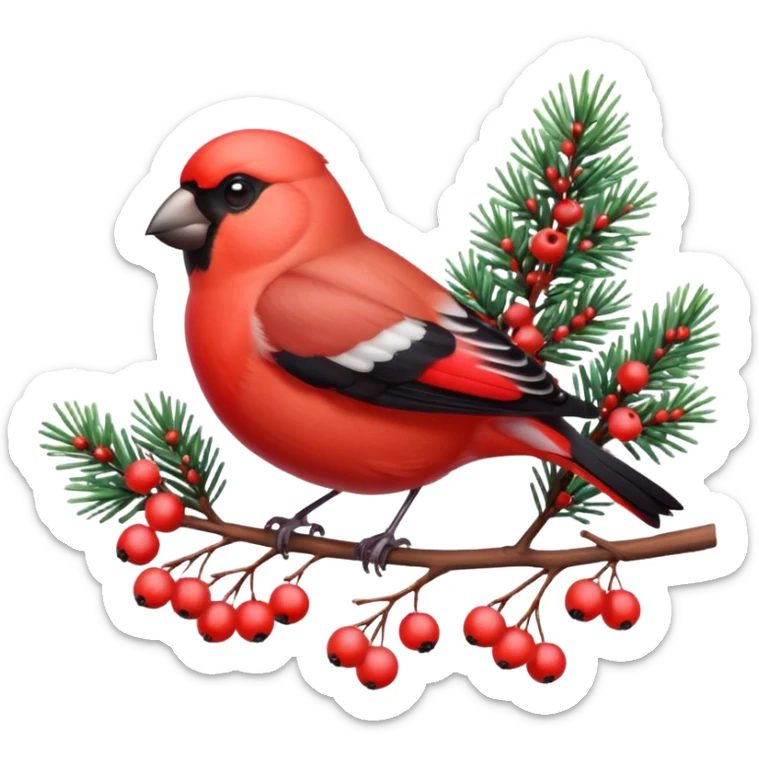 3D emoji of a bright red bullfinch bird (Snegir) sitting on a pine branch covered in fluffy white snow and red frozen rowan berries. Vibrant colors, soft feathers texture, glossy 3D icon style, Apple aesthetic, isolated on a solid white background, studio lighting. sticker